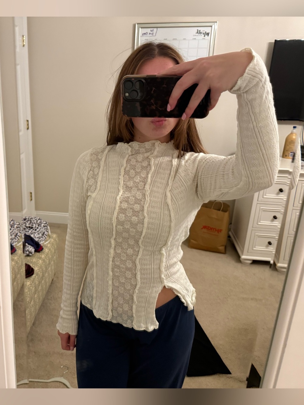 Free People Cream Lace-Front Cable Knit Mock Neck Top